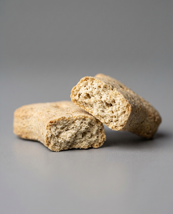 Processed treat bulked out with grain fillers